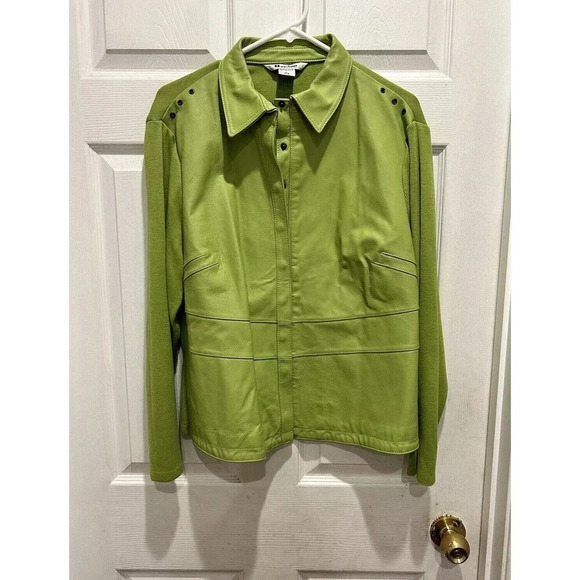 Peter Nygard Collection Lime Green Leather Front Knit Back Sleeves Jacket Large - Picture 1 of 8